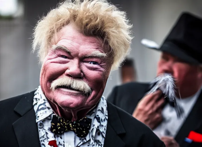 Prompt: photo still of rip taylor at a funeral service outside!!!!!!!! at age 5 4 years old 5 4 years of age!!!!!!! throwing confetti from a bucket, 8 k, 8 5 mm f 1. 8, studio lighting, rim light, right side key light