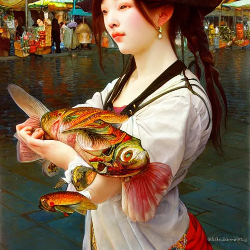 Image similar to a masterpiece ultrarealistic ultradetailed portrait of beautiful love fishmonger girl on street market baroque renaissance. medium shot, intricate, elegant, by stanley artgerm lau, wlop, alphonse mucha, rossdraws, andrei riabovitchev, yoshitaka amano. flower background my james jeand and takashi murakami.