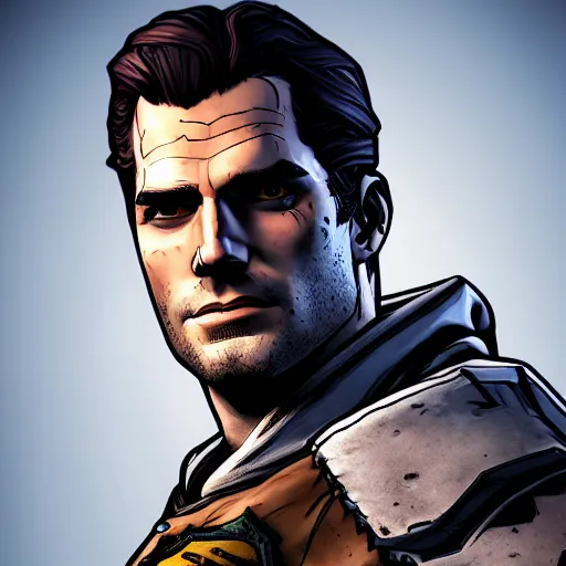 Image similar to henry cavill portrait, borderlands, tales from the borderlands, the wolf among us, comic, cinematic lighting, studio quality, 8 k