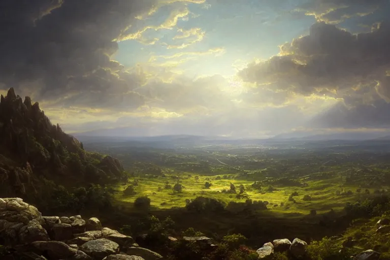 Image similar to view on top of a rocky hill overlooking a large valley, at dusk, very detailed moody, matte painting, volumetric lighting, rocky, stunning detail, 4k, hd, clean, full of detail, sharp focus, rule of thirds by Makoto Shinkai, albert bierstadt, thomas moran, Karol Bak, trending on artstation