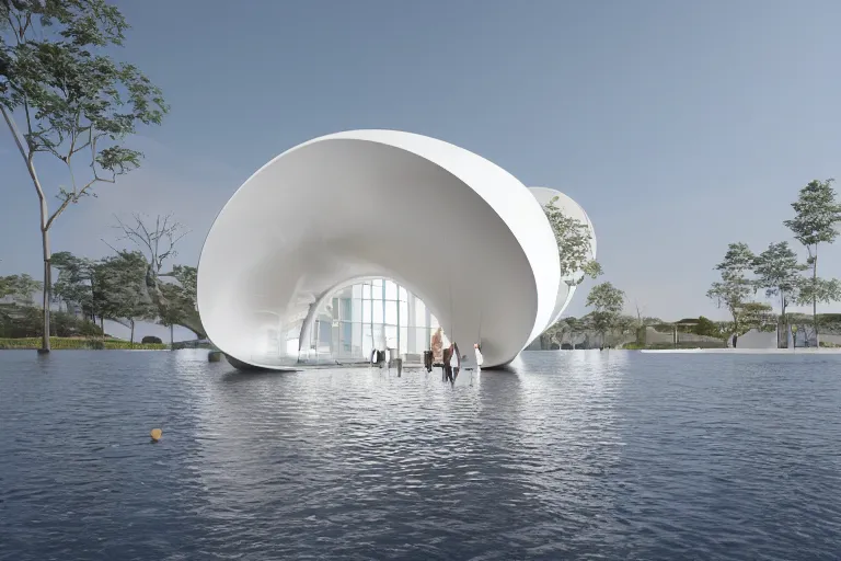 Image similar to a lot of white egg shaped spherical spaces are combined and intersected to form a skum white building. on the calm lake surface, people's perspective, future, interior wood, marble, award winning, highly detailed 4 k art, dusk, unreal engine highly rendered, global illumination, radial light, internal environment