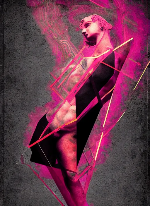 Image similar to elegant dark design poster showing a beautiful greco roman marble statue, black background with very subtle red and purple design elements, bold, powerful, nekro, vito acconci, thin straight purple lines, dark, glitch art, neo vaporwave, gritty, layout frame, square, trending on artstation