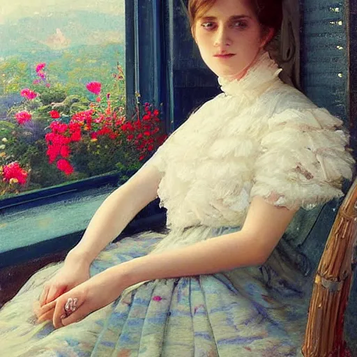 Image similar to sleeping thick paint brush strokes full body fashion model smiling emma watson by Jeremy Lipking by Hasui Kawase by Richard Schmid (((smokey eyes makeup eye shadow fantasy, glow, shimmer as victorian woman in a long white frilly lace dress and a large white hat having tea in a sunroom filled with flowers, roses and lush fern flowers ,intricate, night, highly detailed, dramatic lighting))) , high quality