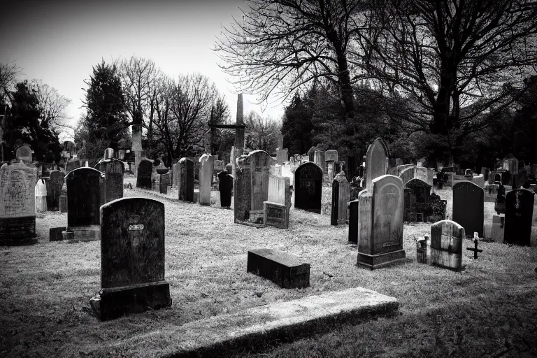 Image similar to photo of a graveyard guarded by a gravekeeper, unsettling atmosphere, eerie, bizarre, horror