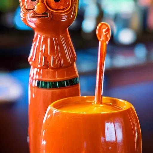 Image similar to a closeup photorealistic photograph of a glossy orange cat garfield style tiki mug sitting at a trader vic's bar featuring garfield's face. tiki party. bright scene. fine detail. this 4 k hd image is trending on artstation, featured on behance, well - rendered, extra crisp, features intricate detail, epic composition and the style of unreal engine.