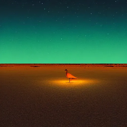 Image similar to big bird enchanted desert plateau, night time, lights in distance, cgsociety, realistic, roger deakins, 70mm, kodachrome, teal orange color palette 8k