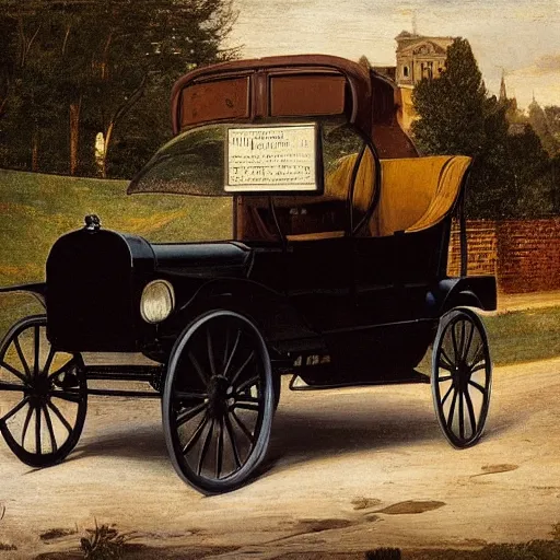 Prompt: a Victorian street in 1840, Ford Model T, by Caravaggio