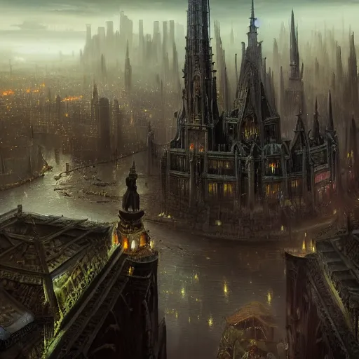 Image similar to an ultra detailed matte painting of a lonely and impossibly elevated temple district of the damned god, with a lone tall ominous gothic dark tower elevated high above the city, in a river elevated high above the city, fantasy capital city, ultrawide lense, aerial photography, volumetric lighting, exquisite detail, 8 k, art by greg rutkowski and alphonse mucha