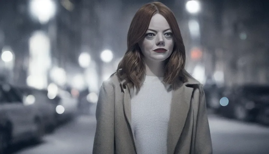 Image similar to charismatic emma stone is looking down a street at night, ambient lighting, cinematic, epic, demonic