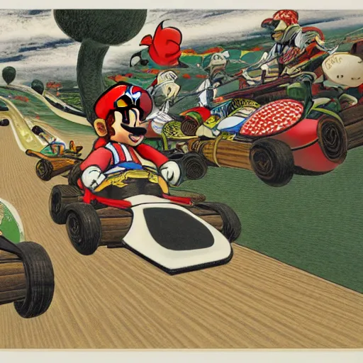 Image similar to a james tissot woodblock print of mario kart 6 4