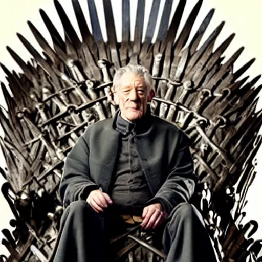 Image similar to a tv still of ian mckellen, as a king wearing an over - sized crown, sitting on the iron throne