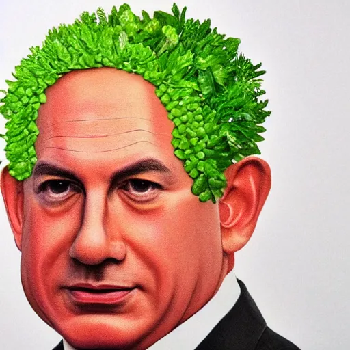 Image similar to portrait of benjamin netanyahu made of fruits vegetables and flowers