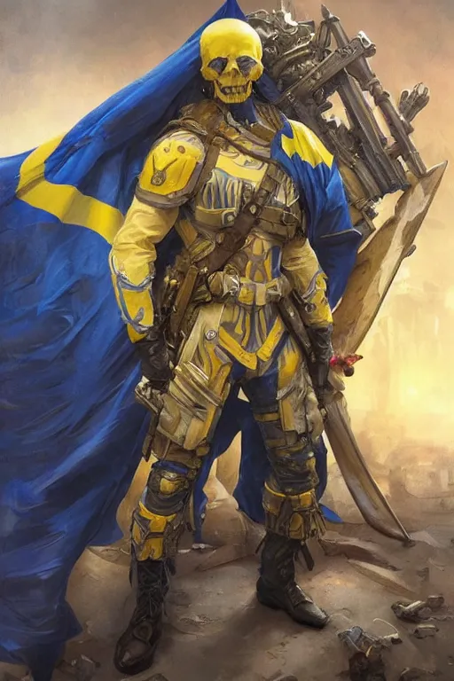 Image similar to shot of Vladimir Zelenskiy as a super soldier with Ukrainian blue and yellow flag on his back, handsome, fantasy, intricate, pile of skulls under his feet, elegant, highly detailed, digital painting, artstation, concept art, smooth, sharp focus, illustration, art by artgerm and greg rutkowski and alphonse mucha