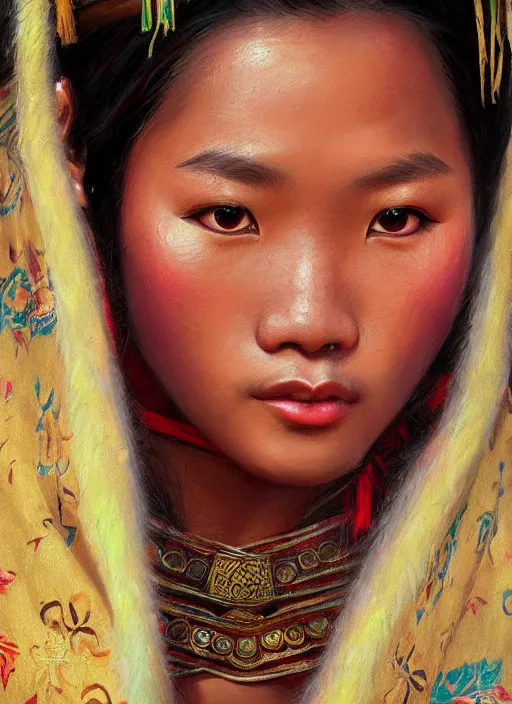 Image similar to portrait of a beautiful teen tai lue ethnic north thailand, closeup portrait, historical, ethnic group, traditional costume, elegant, loin cloth, highly detailed, oil painting, artstation, concept art, matte, sharp focus, illustration, hearthstone, art by earl norem