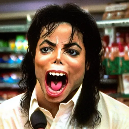 Prompt: micheal jackson giant mouth screaming yelling in supermarket