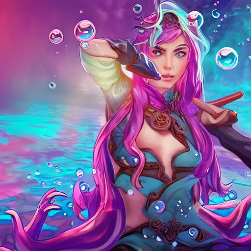 Image similar to female water mage, high quality character design, action pose, symmetrical face : : spotlight, magical, seapunk, seaweed, bubbles, high detail, 1 6 k, oled, shadows, reflections, digital art, official art