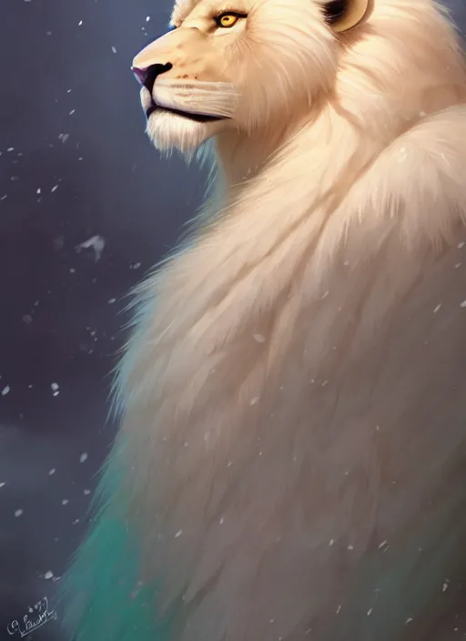 Prompt: beautiful portrait commission of a shirtless muscular albino male furry anthro lion albino male furry anthro lion wearing a cute mint colored cozy soft pastel winter outfit, winter Atmosphere. Character design by charlie bowater, ross tran, Greg Rutkowski,Thomas Kinkade and makoto shinkai, detailed, inked, western comic book art
