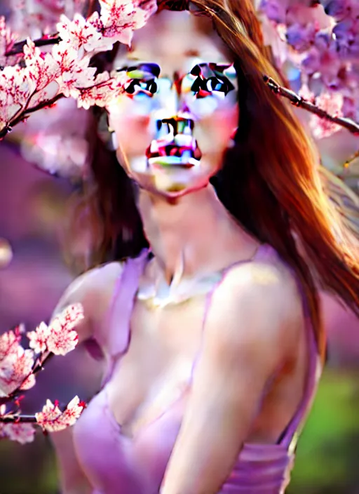 Image similar to photo of a beutiful girl in the style of stefan kostic, realistic, full body shot, sharp focus, 8 k high definition, insanely detailed, intricate, elegant, art by stanley lau and artgerm, extreme blur cherry blossoms background