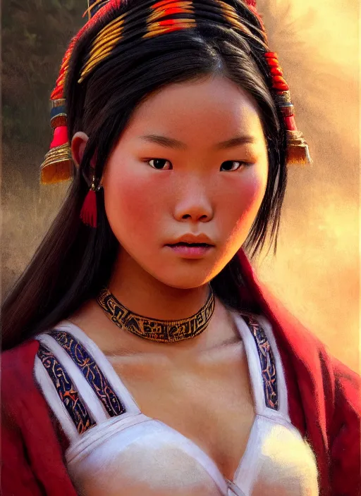 Prompt: portrait of a beautiful teen tai ethnic southern china, closeup portrait, historical, ethnic group, traditional costume, elegant, loin cloth, highly detailed, oil painting, artstation, concept art, matte, sharp focus, illustration, hearthstone, art by earl norem