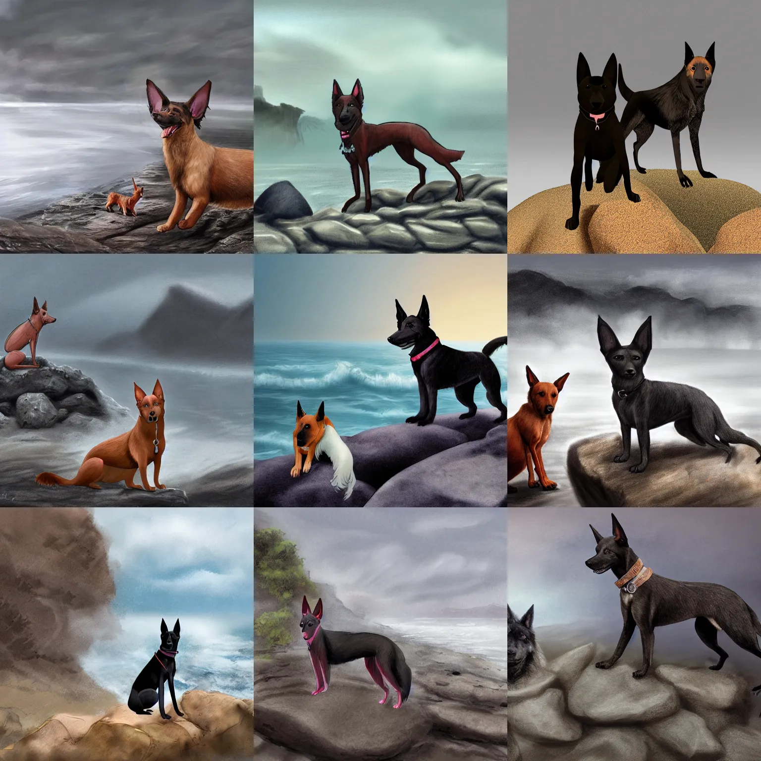 Prompt: a xoloitzcuintle and a belgian shepherd on a rocky beach, cloudy morning, fog, illustration, concept art