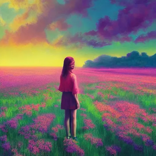 Image similar to girl with a flower face, surreal photography, dream, standing in flower field, magical, in a valley, sunrise dramatic light, impressionist painting, colorful clouds, artstation, simon stalenhag