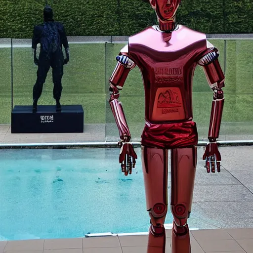 Image similar to a realistic detailed photo of a guy who is an attractive humanoid who is half robot and half humanoid, who is a male android, soccer player timo werner, shiny skin, posing like a statue, blank stare, by the pool, on display, showing off his muscles, humanoid robot, frozen ice statue, made of ice