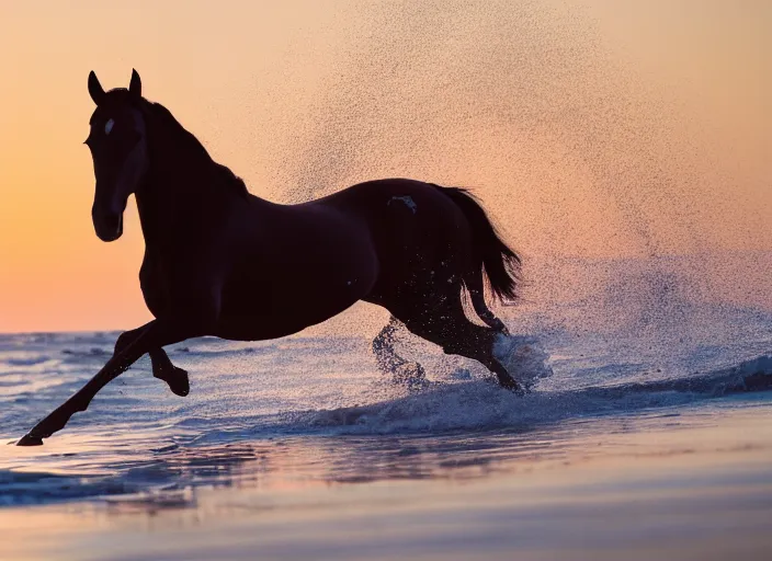 Prompt: a horse surfing at the beach before sunset in malibu, high quality photo