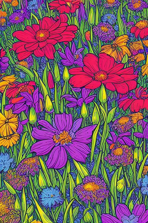 Prompt: spring flowers, happy and beautiful, by dan mumford