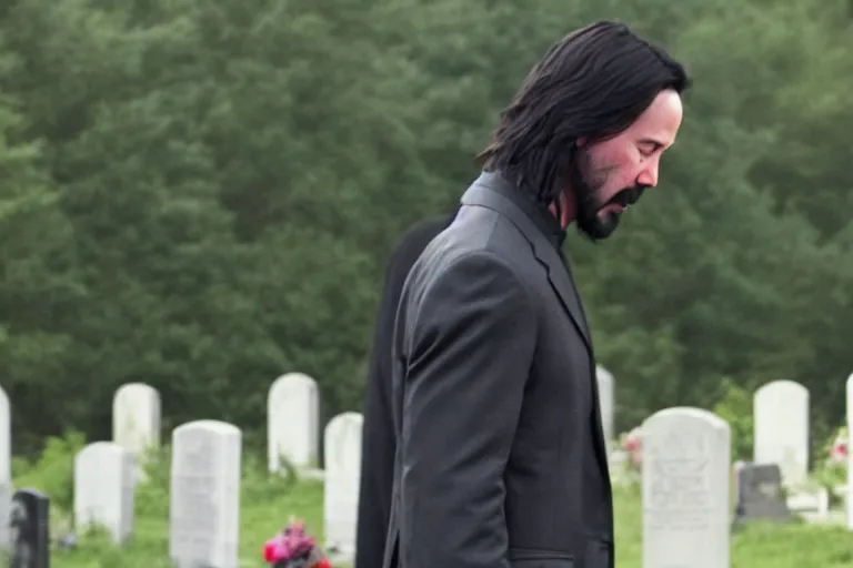 Image similar to film still of keanu reeves crying in a cemetery in a new sad movie keanu grieves