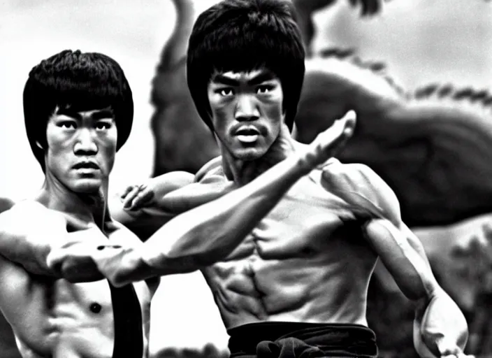 Prompt: Bruce Lee vs. a gigantic dragon, kung-fu film, vintage, martial arts, urban fantasy