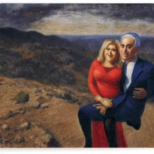 Image similar to Benjamin Netanyahu carrying Sara Netanyahu on his shoulders up a black mountain, wide shot, by Franz Stuck