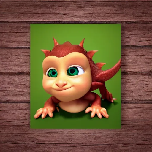 Image similar to cute little dragon baby, portrait, pixar style, wood background