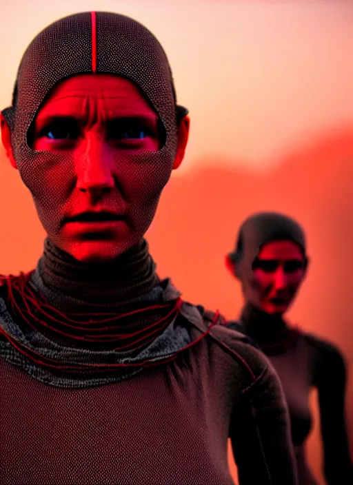 Image similar to cinestill 5 0 d candid photographic portrait by steve mccurry of loving female androids wearing rugged black mesh techwear on a desolate plain with a red sky, extreme closeup, modern cyberpunk, dust storm, 8 k, hd, high resolution, 3 5 mm, f / 3 2, ultra realistic faces, ex machina