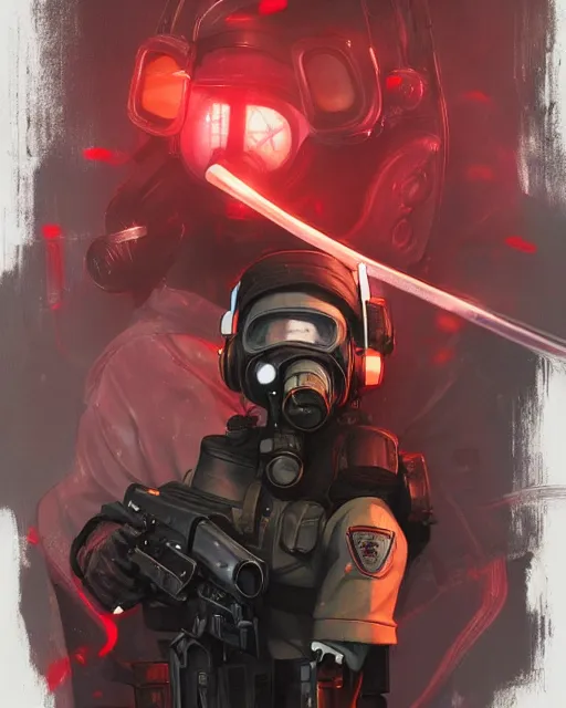 Prompt: anime key visual of a young female swat officer, neon, red gas mask, cyberpunk, futuristic, stunning, highly detailed, digital painting, artstation, smooth, soft focus, illustration, art by artgerm and greg rutkowski and alphonse mucha