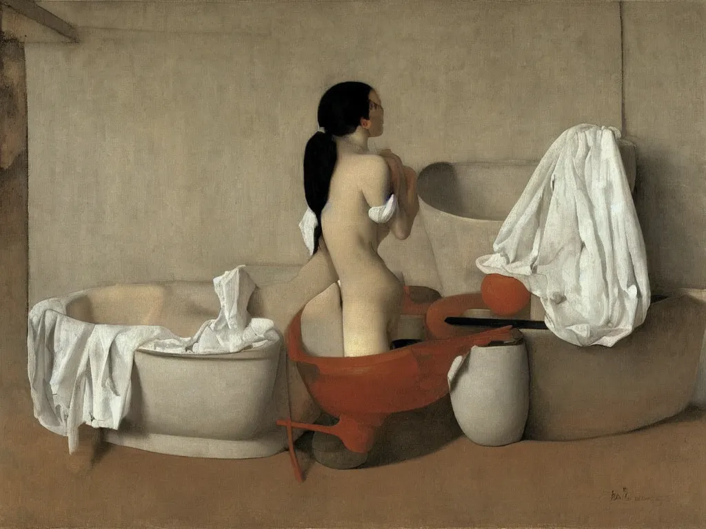 Prompt: Portrait of a woman in the bathtub with amphora, white cloth and crane. White Opal, marble, terracotta. Painting by Balthus, Hammershoi, Morandi