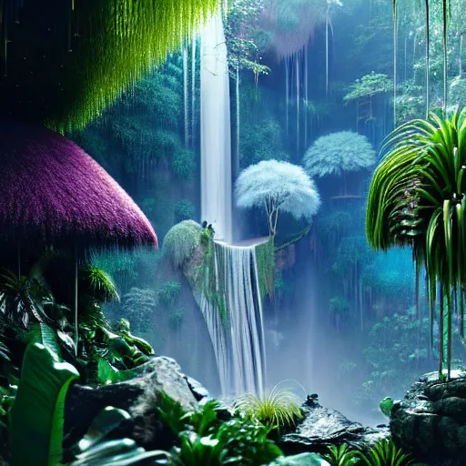 Prompt: iridescent opalescent living landscape tropical forest, waterfall, : by michal karcz, daniel merriam, victo ngai and guillermo del toro : ornate, dynamic, particulate, intricate, elegant, highly detailed, centered, artstation, smooth, sharp focus, octane render