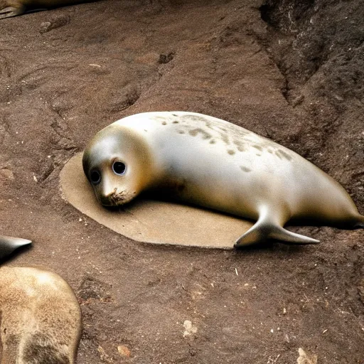 Prompt: a baby seal god being worshipped by prehistoric humans, prehistoric cave art