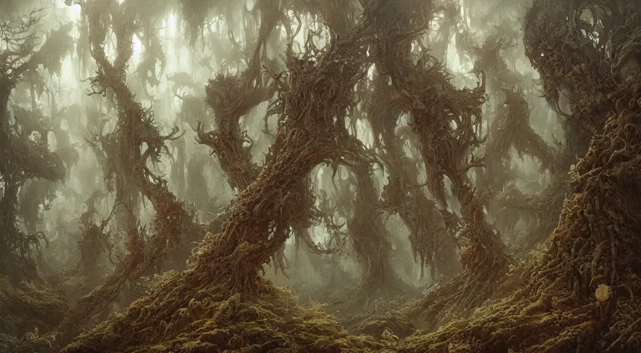 Prompt: a finely detailed painting of an ancient forest in the style of Peter Mohrbacher and Peter Gric