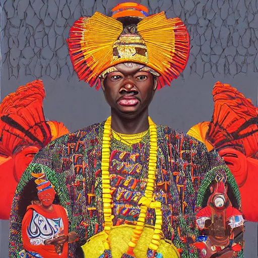 Image similar to highly detailed painting of the oba of benin surrounded by masquerades, fantasy, 8 k, realistic, symmetrical, digital illustration, in the style of kehinde wiley, artem demura