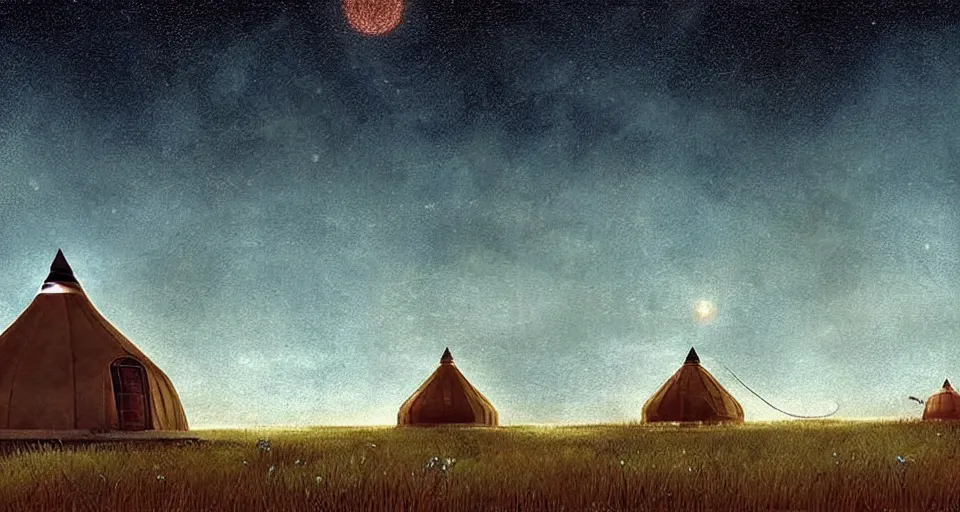 Image similar to night, stars shining, a yurt, in the steppe, summer field, in background a giant!!!!! rusty building construction of spiral upside - down stairs!!!!!, from the game pathologic 2, highly detailed, sharp focus, matte painting, by isaac levitan and asher brown durand,