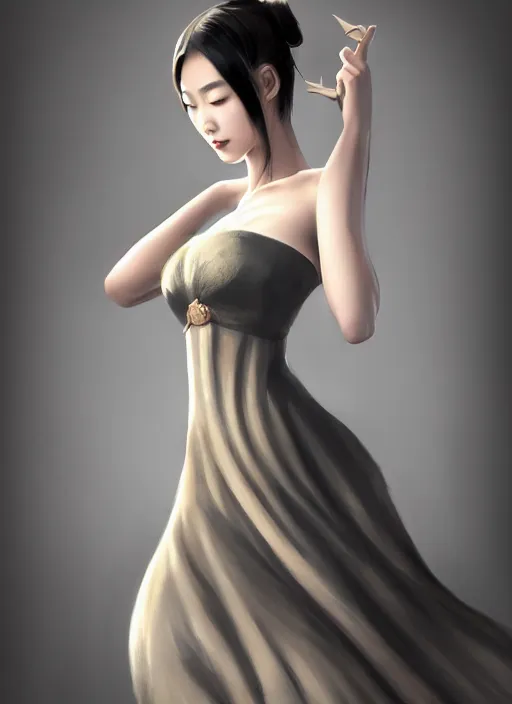 Prompt: beautiful chinese fashion goddness, strapless dress, character portrait in the style of thomas river and artgerm, wlop, cinematic lighting, hyperdetailed, 8 k realistic, symmetrical, global illumination, radiant light, halo, love and mercy, frostbite 3 engine, cryengine, dof, trending on artstation, digital art, chanel