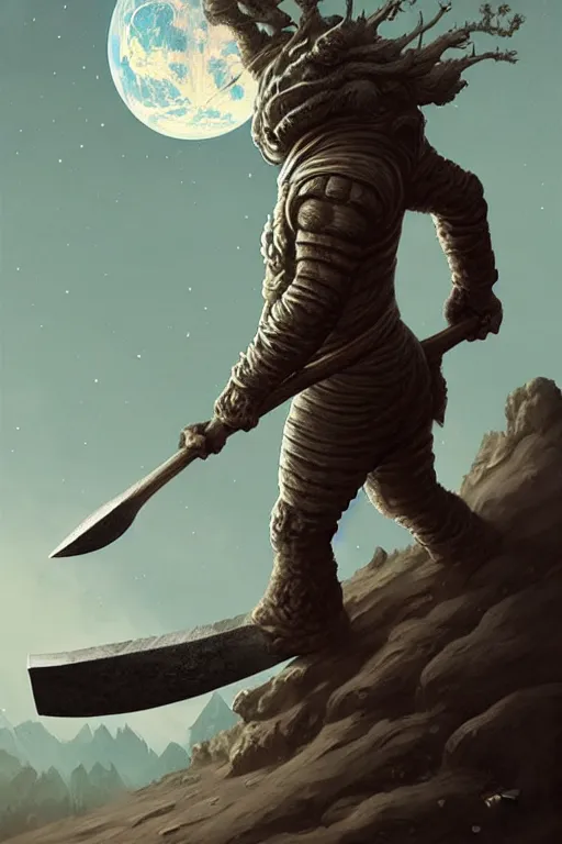 Prompt: Giant with an axe walking on the moon, fantasy, intricate, highly detailed, digital painting, HQ, trending on artstation, illustration, style of Stanley Artgerm and Greg Rutkowski and Dan Mumford