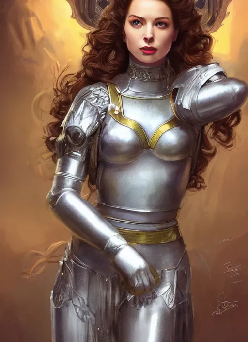 Image similar to beautiful female dorothy gale, rebecca romijn as dorothy, full body character concept, covered in full silver armor, armor plating, art nouveau, beautiful glowing emeralds, super powers, fantasy, intricate, elegant, highly detailed, digital painting, artstation, concept art, shining, sharp focus, illustration, art by stanley lau