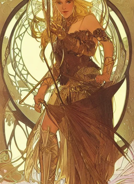 Image similar to galadriel in the slumps brown skin golden hair brown leather armor high fantasy dnd smooth sharp focus illustration by rossdraws, alphonse mucha frank fanzzeta