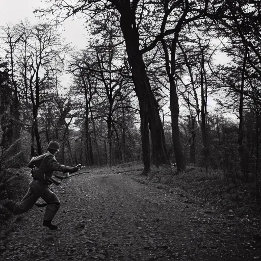 Prompt: a man pursued by armed ww 2 german soldiers in a forest at dusk near a castle