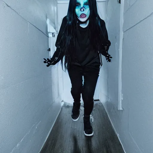 Prompt: extremely skinny scary billie eilish chasing you at night creepypasta