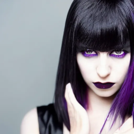 Image similar to Pale-skinned Persian girl, black hime cut hair, long bob cut hair, purple eyes, gothic jacket, mysterious girl, psychic girl, photograph