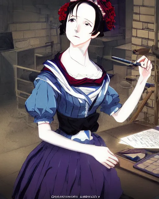 Image similar to Digital state-sponsored anime art of Ada Lovelace by A-1 studios, serious expression, empty warehouse background, highly detailed, spotlight