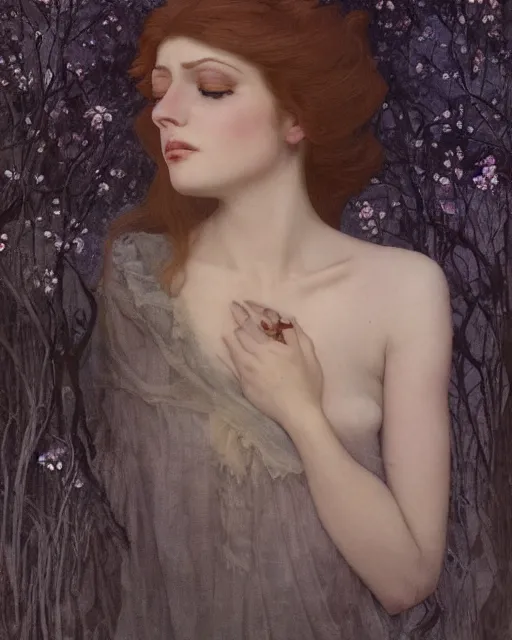 Prompt: a beautiful but sinister and creepy woman in layers of fear, with haunted eyes, violence in her eyes, putting on lipgloss, 1 9 7 0 s, seventies, delicate embellishments, a little blood, woodland, moonlight shining on wildflowers, painterly, offset printing technique, by alexandre cabanel, mary jane ansell