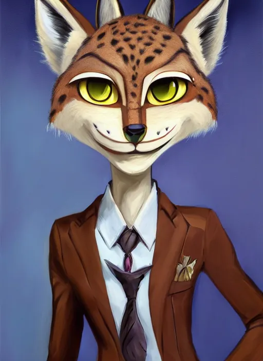 Image similar to oil painting of anthromorphic female lynx damaged zombie, in style of zootopia, female fursona, furry, furaffinity, 4 k, deviantart, furry art, fursona art, wearing black business suit, business suit, lynx fursona, female, very expressive detailed feminine face,